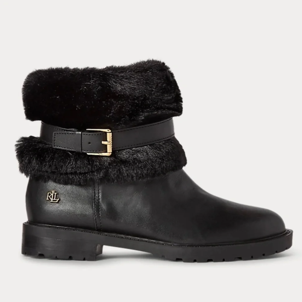 Ralph Lauren Evanston Waterproof Black Leather Winter Warm Fur Moto Boots 7